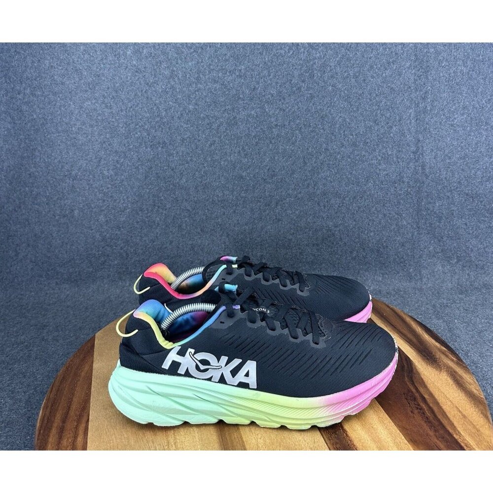 Hoka One One Rincon 3 Black Rainbow Running Sneaker Womens Sz 9.5B 1119396